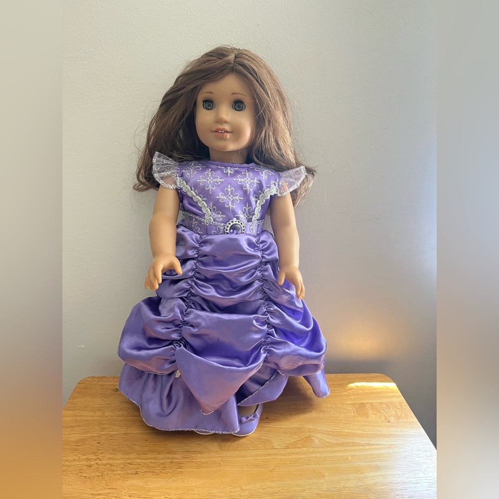 American Girl Doll in Purple Dress with Brown Hair